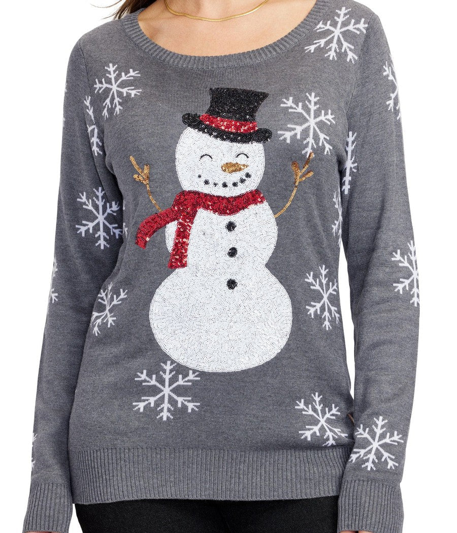 Womens Pullover Sweater with Sequined Snowman and Snowflake Sleeve Details