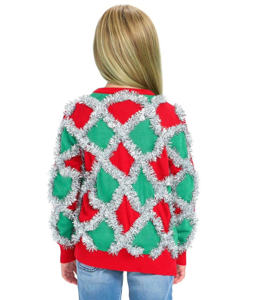 Girls Tinsel Sweater with Metallic Holiday Pattern and Ribbed Trim
