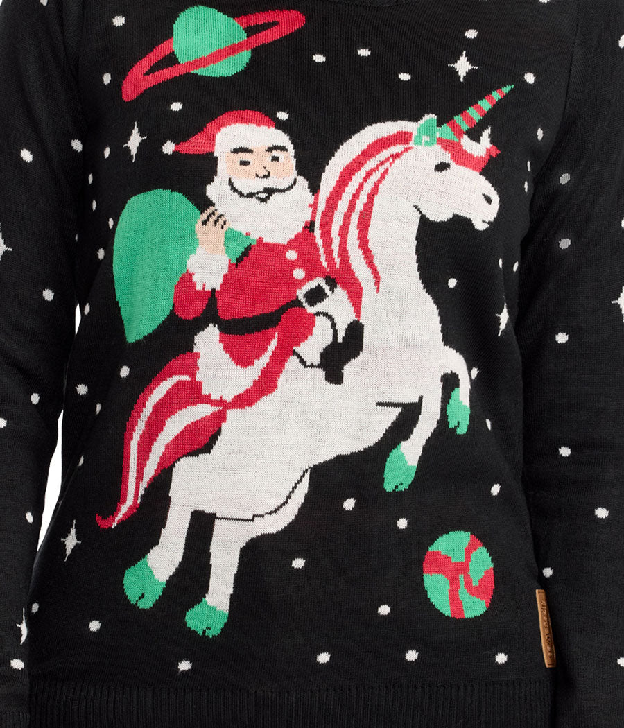 Santa Unicorn Pullover Sweater for Women with Crew Neckline and Ribbed Edges