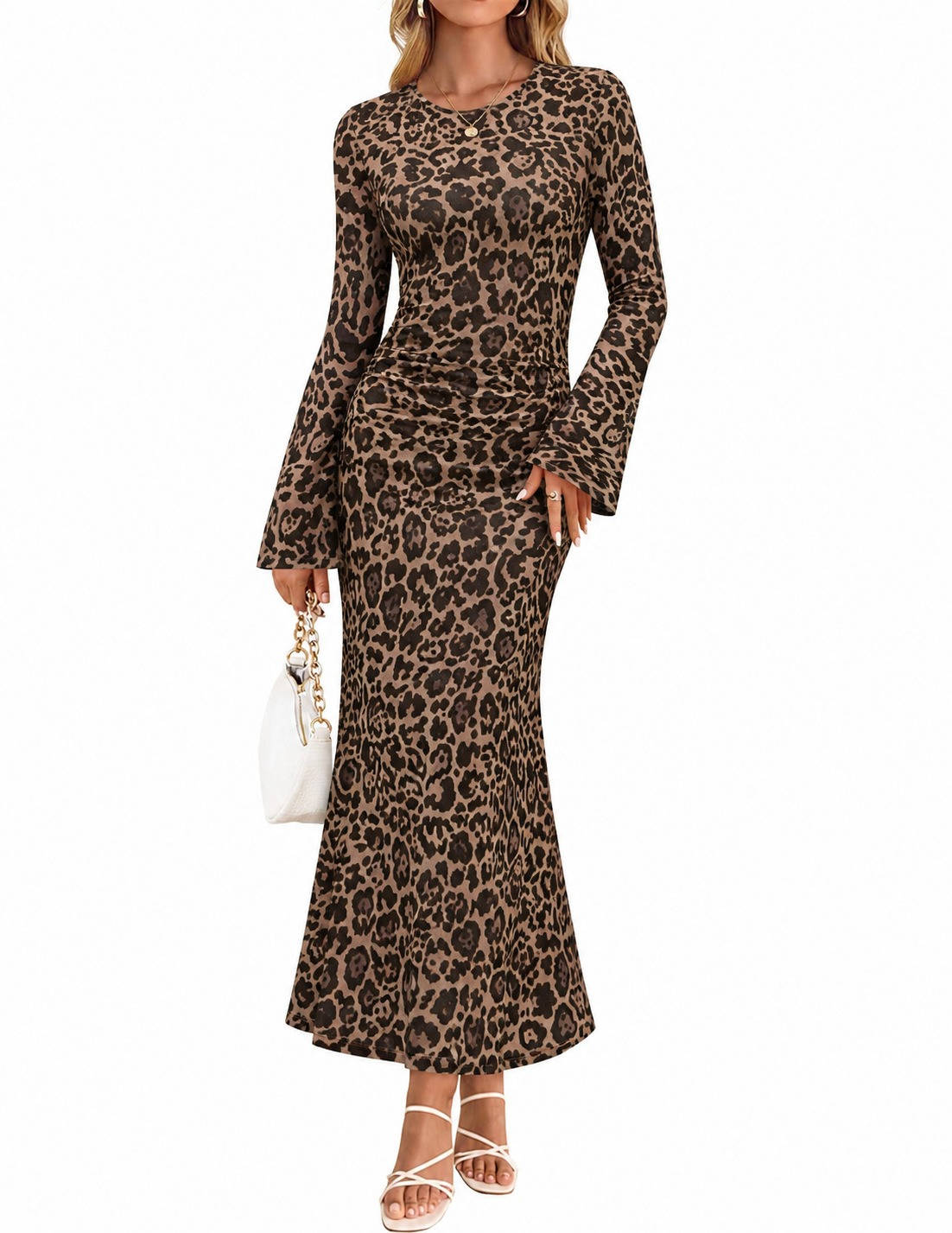 Womens Floral Maxi Dress, Long Sleeve Ruched Mesh Bodycon Dress, Elegant Fall Formal Dress