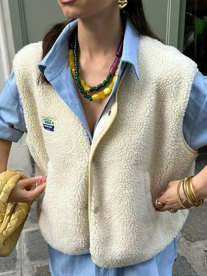 Open Front Textured Vest with Snap Closure, Relaxed Fit