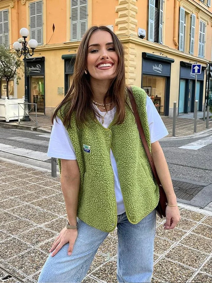 Open Front Textured Vest with Snap Closure, Relaxed Fit
