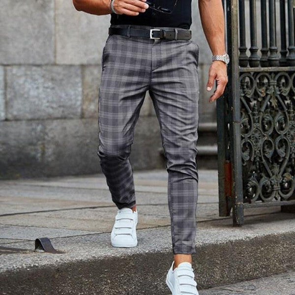 Checked Pattern Pants with Elastic Waist and Side Pockets, Polyester Cotton Blend
