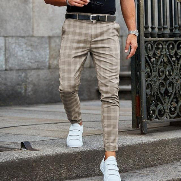 Checked Pattern Pants with Elastic Waist and Side Pockets, Polyester Cotton Blend