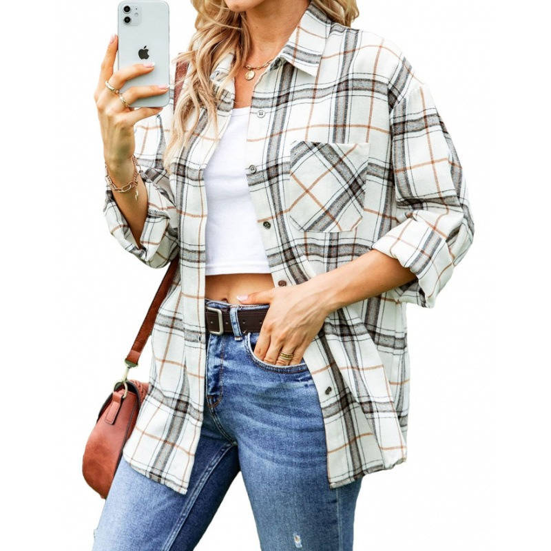 Women's Flannel Plaid Shirt, Soft Button Down Shirt, Roll Up Long Sleeve Flannel Plaid Blouse for Women