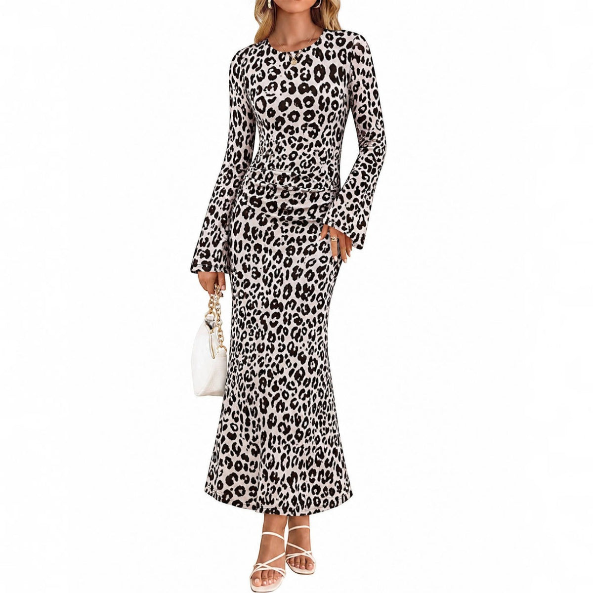 Womens Printed Maxi Dress, Long Sleeve Ruched Mesh Bodycon Dress, Elegant Fall Formal Dress