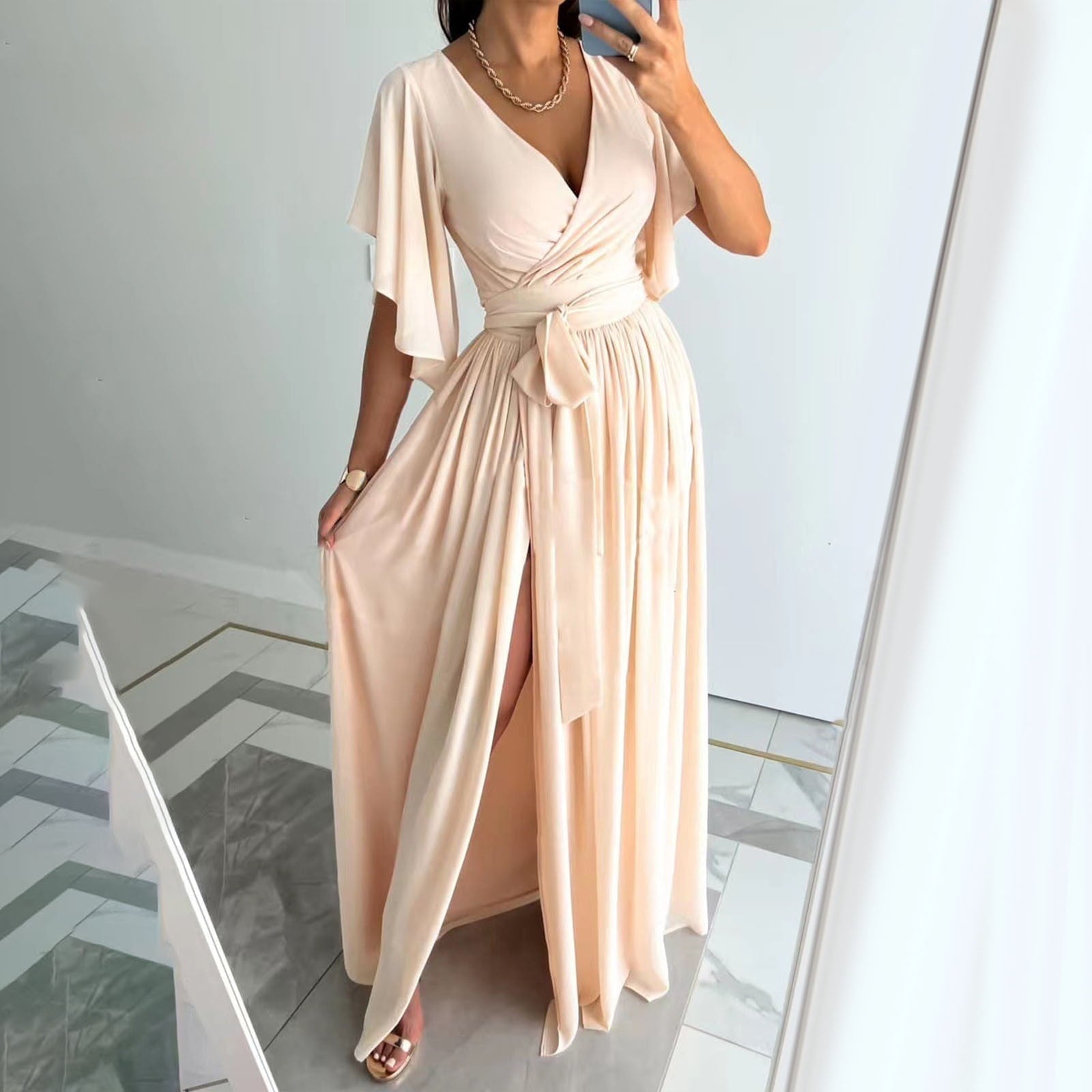 maxi dresses for formal events Wrap Dress with Flutter Sleeves Bridesmaid and Events, Beige / L jeans bodycon dress ASOS DESIGN Curve cape Size:King making it suitable for