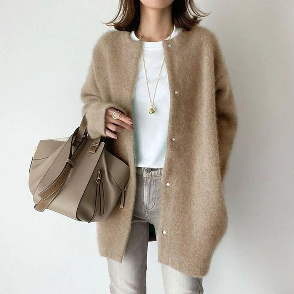 Longline Oversized Knit Cardigan with Button Closure and Textured Fabric