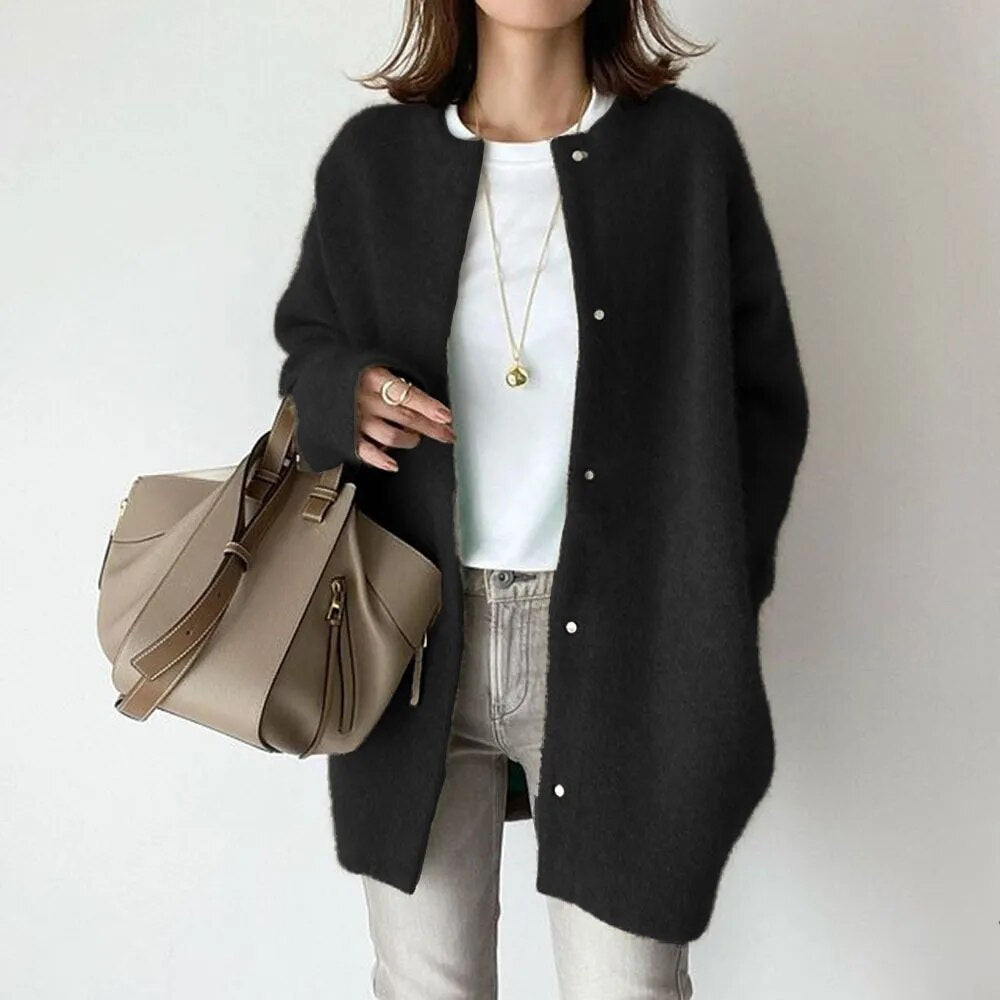 Longline Oversized Knit Cardigan with Button Closure and Textured Fabric