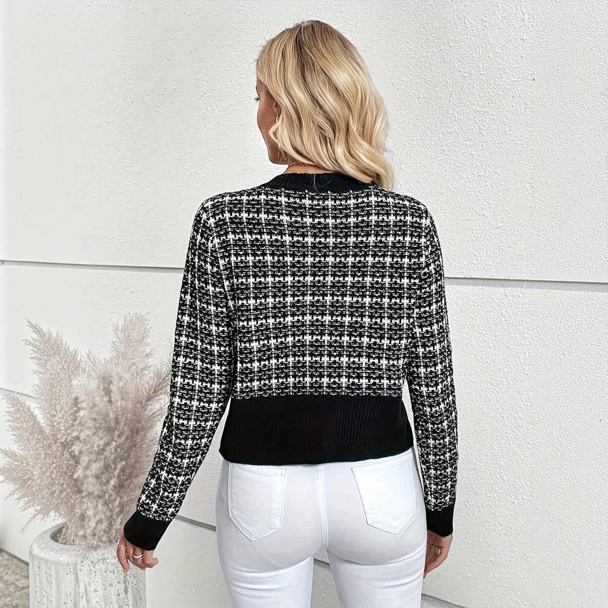 Cropped Houndstooth Cardigan with Ribbed Trim and Button-Front Closure