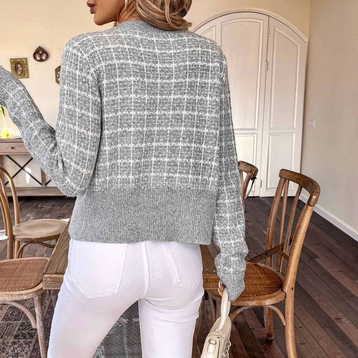 Cropped Houndstooth Cardigan with Ribbed Trim and Button-Front Closure