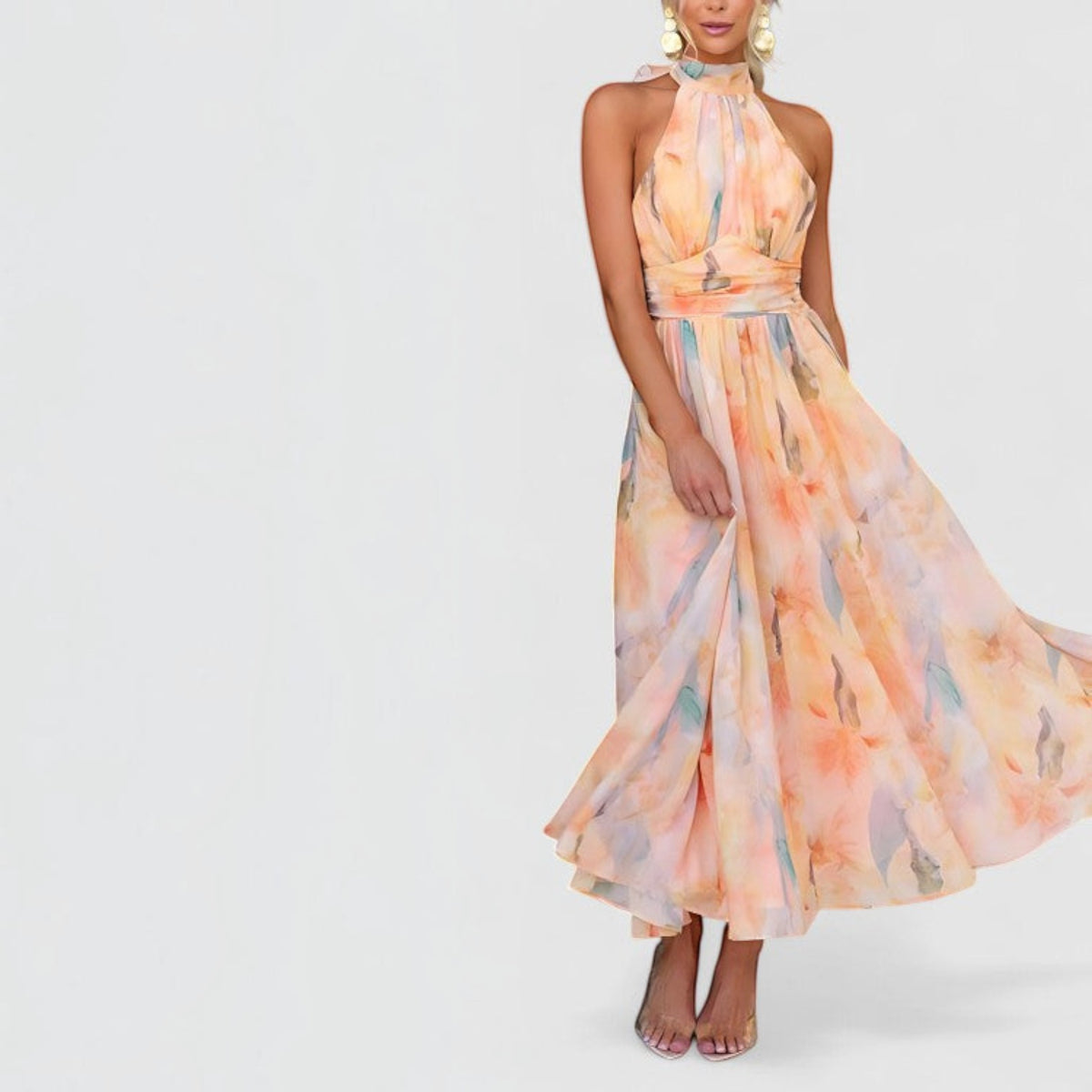 Floral Halter Maxi Dress for Women with Full Length Skirt and Summer Weight Fabric