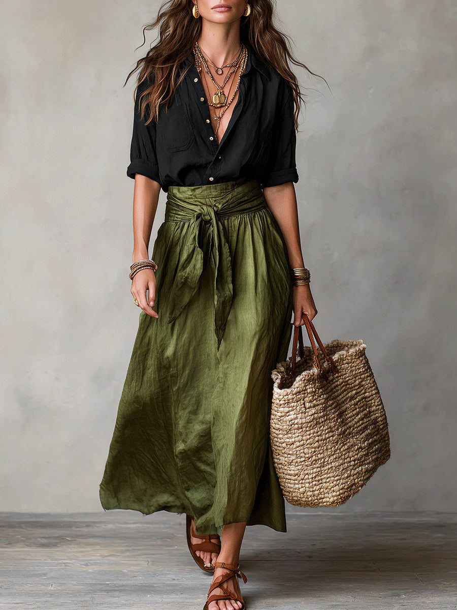 Button Front Shirt and Tie Waist Midi Skirt Two Piece Set