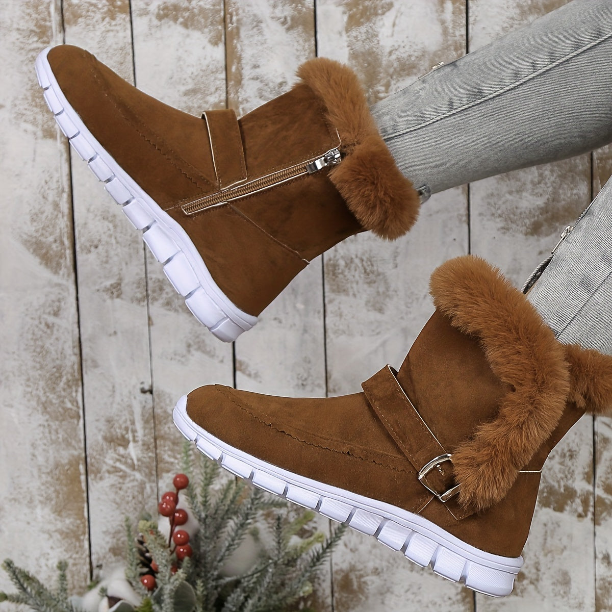 Women's Ankle Boots with Plush Lining and Side Closure, Textured Grip Sole