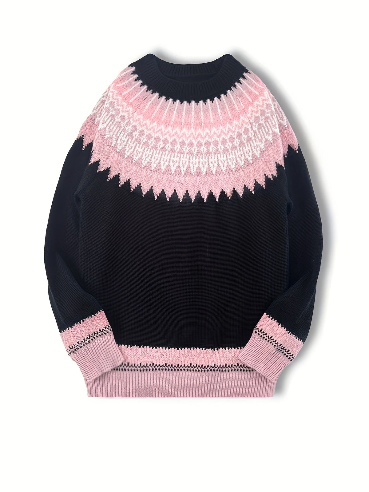 Chunky Jacquard Knit Sweater with Round Neck and Ribbed Cuffs, Hip Length