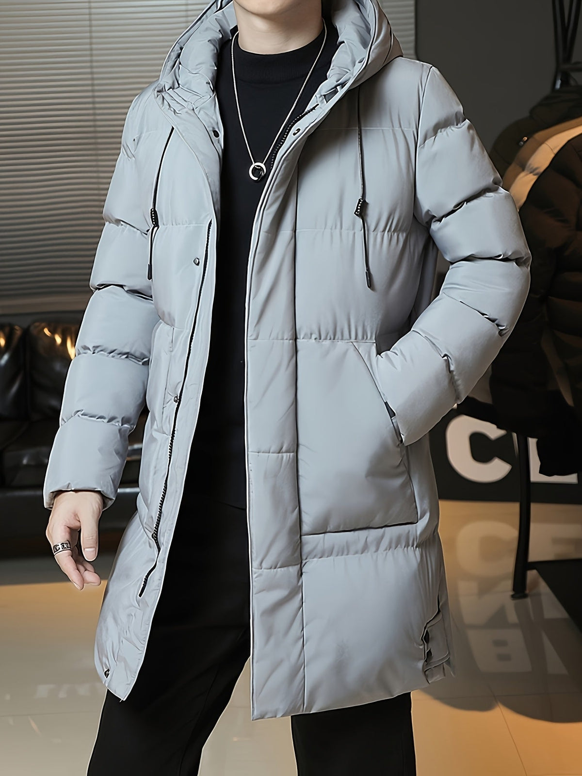 Insulated Longline Hooded Coat with Full-Length Zipper and Adjustable Hood