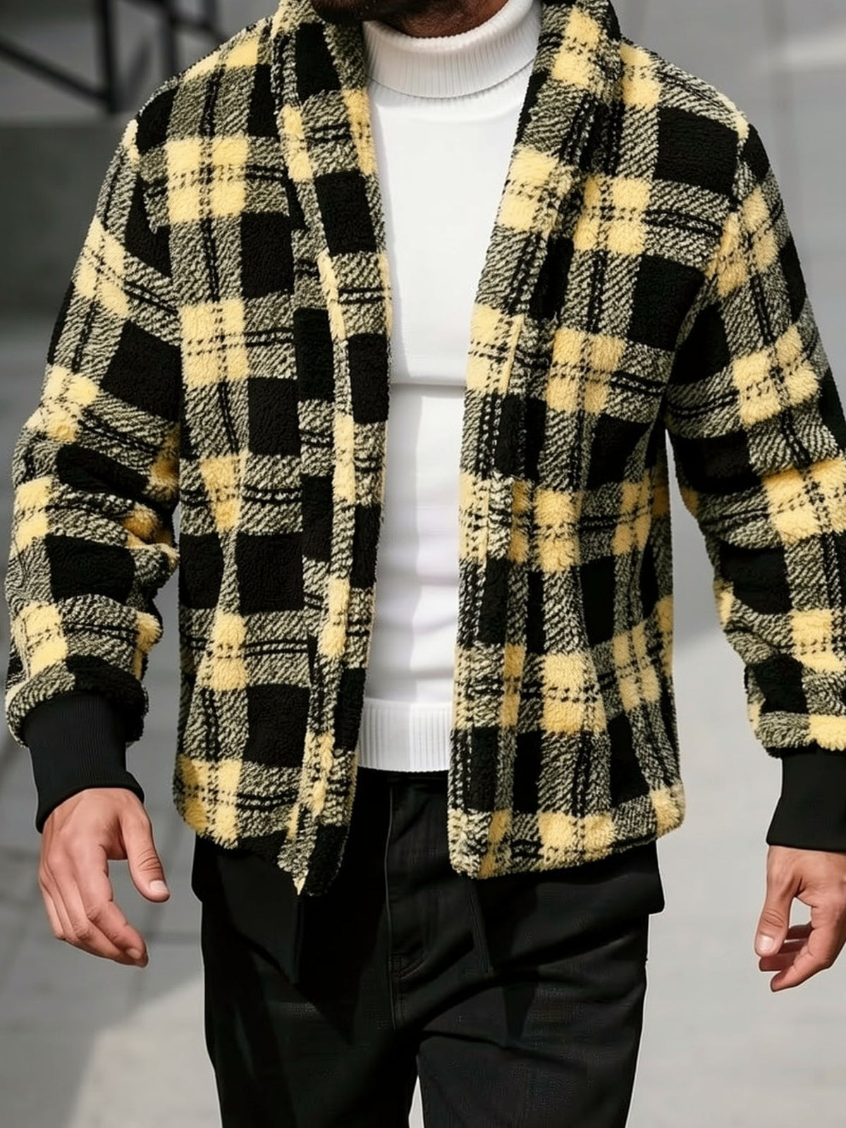 Checked Button Front Jacket with Relaxed Fit and Soft Fabric