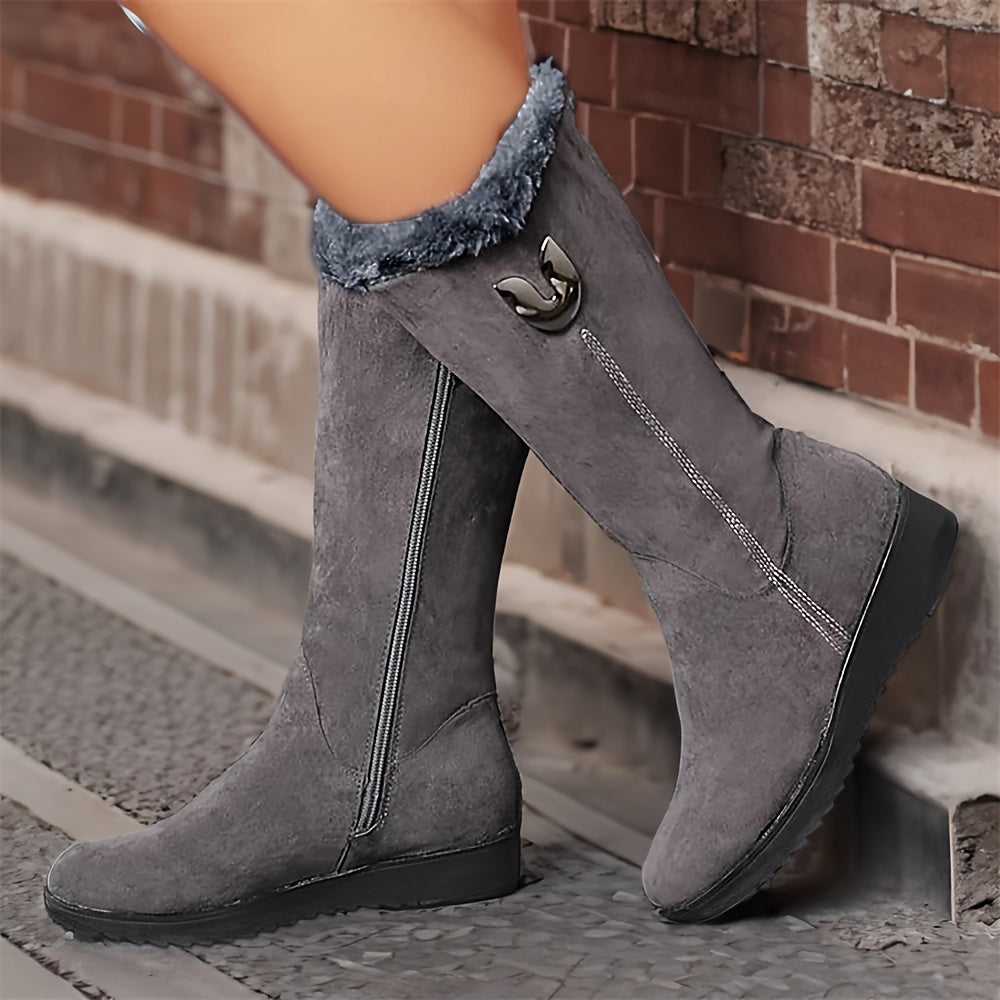 Mid Calf Winter Boots with Anti Slip Sole and Plush Lining, Slip On