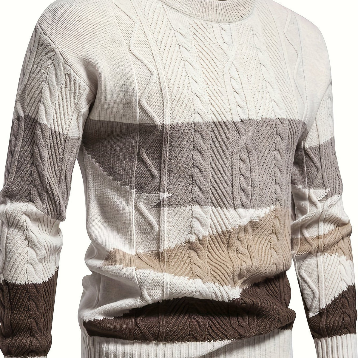 Textured Cable Knit Pullover with Color Block Design and Round Neckline