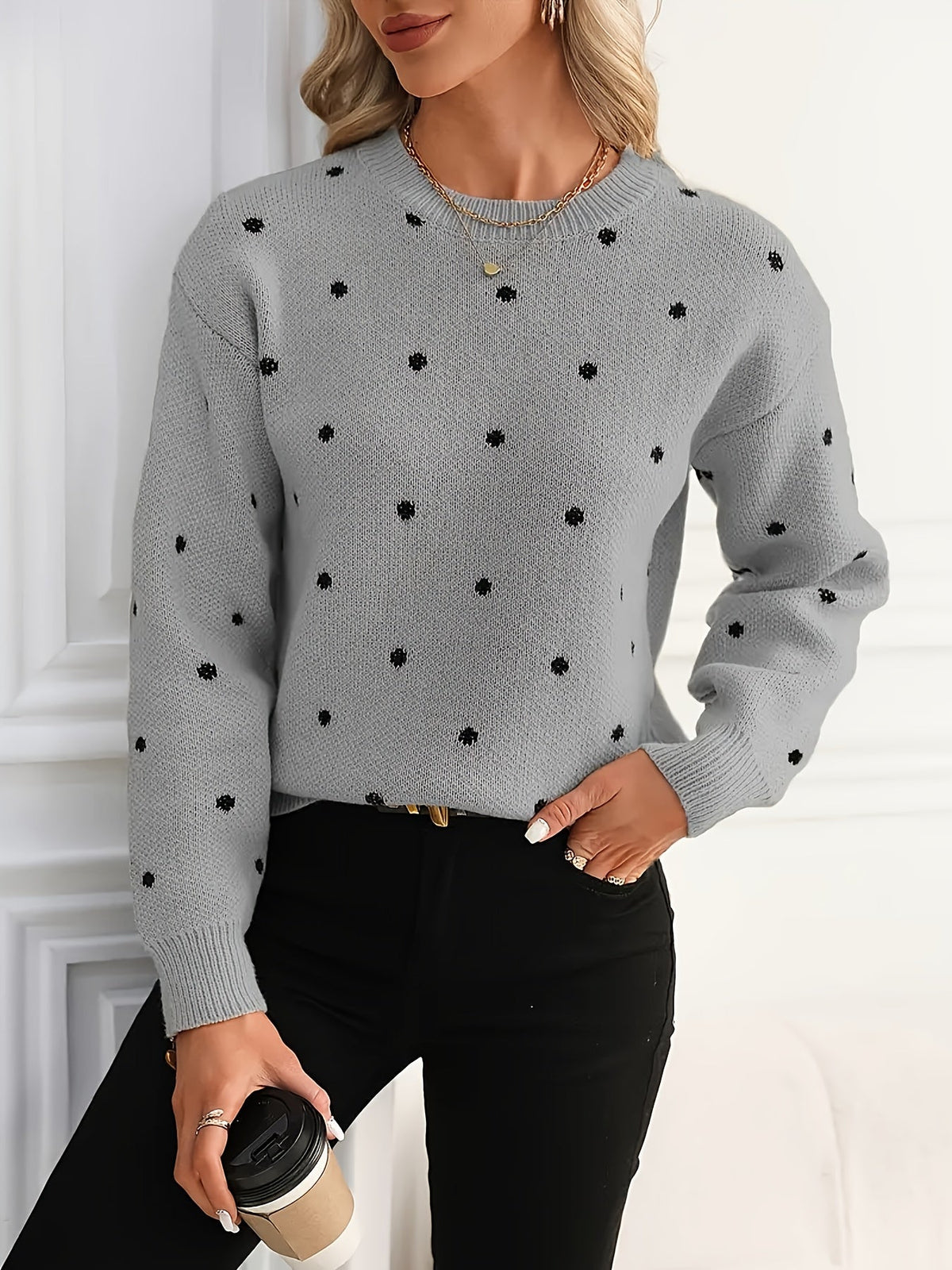 Polka Dot Crew Neck Sweater with Relaxed Fit and Natural Stretch, Ribbed Cuffs