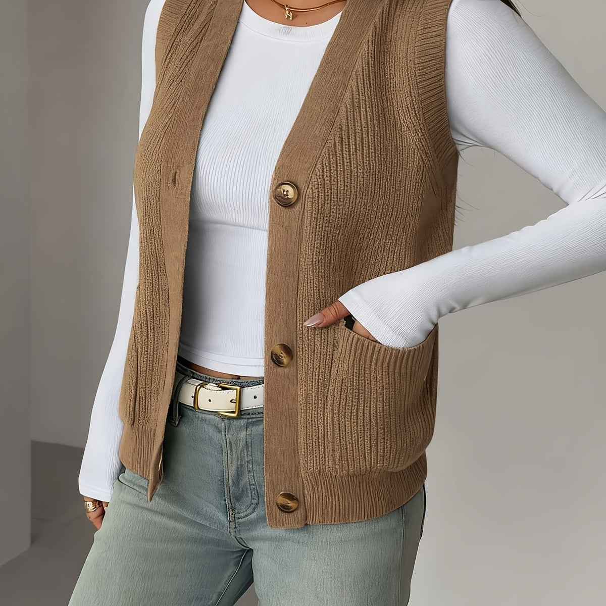 Buttoned V-Neck Knit Vest with Front Pockets and Relaxed Fit