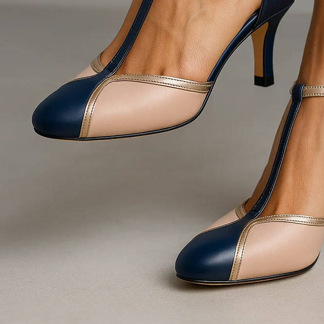 T Strap Heels with Padded Footbed and Ankle Strap, Square Heel