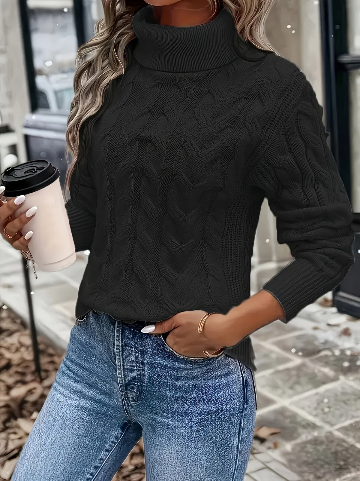 Cable Knit Turtleneck Sweater with Relaxed Fit and High Roll Neck
