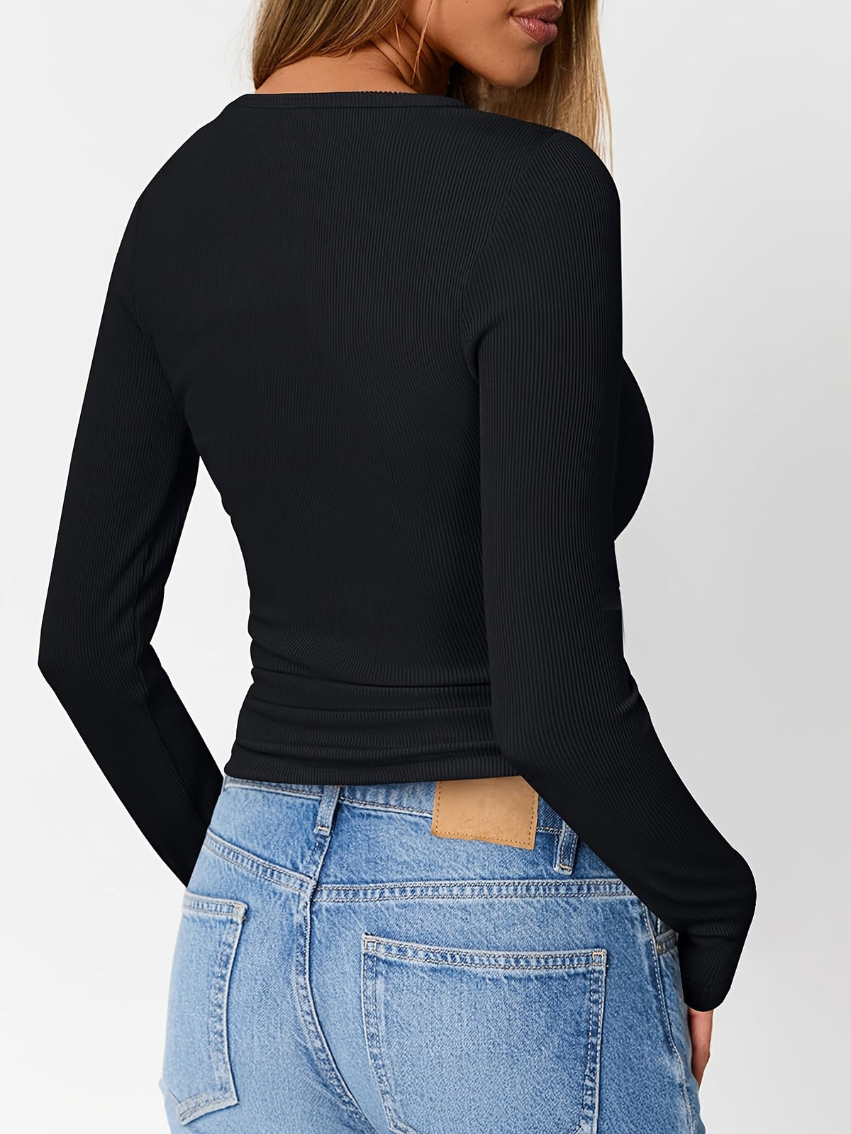 Ribbed Henley Top with Button Neckline and Long Sleeves, Close Fitting