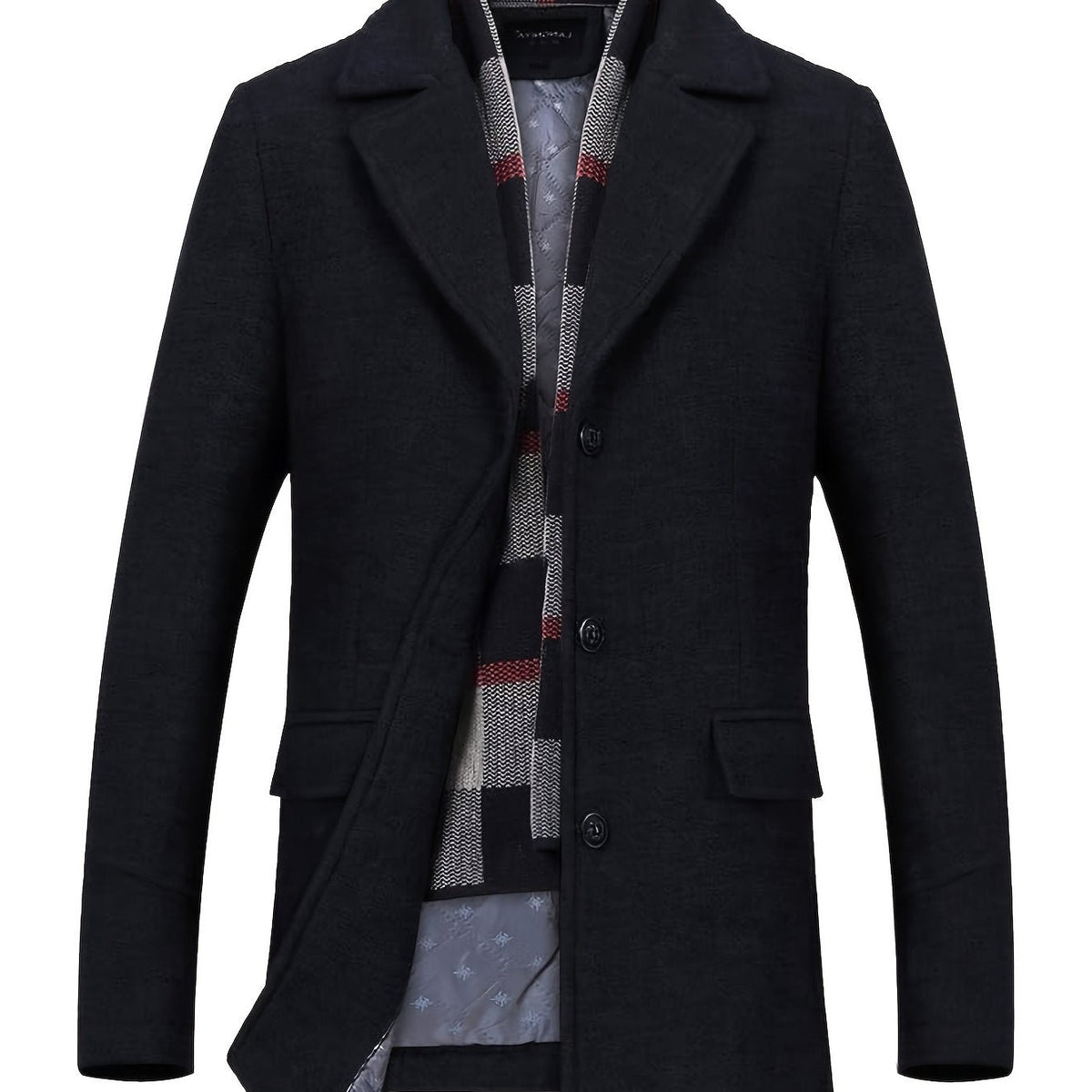 Single-Breasted Overcoat with Lapel Collar and Detachable Scarf