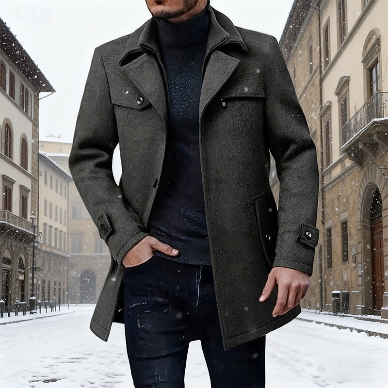 Longline Winter Coat with Tailored Silhouette and Classic Collar, Front Button Closure