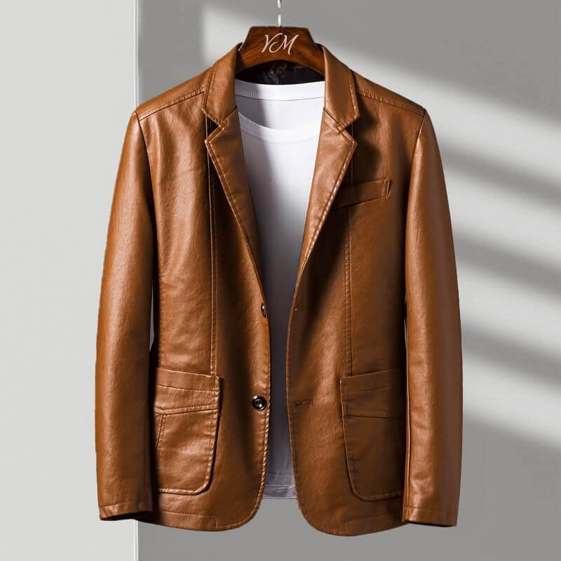 Faux Leather Blazer with Notch Lapels and Two Button Closure