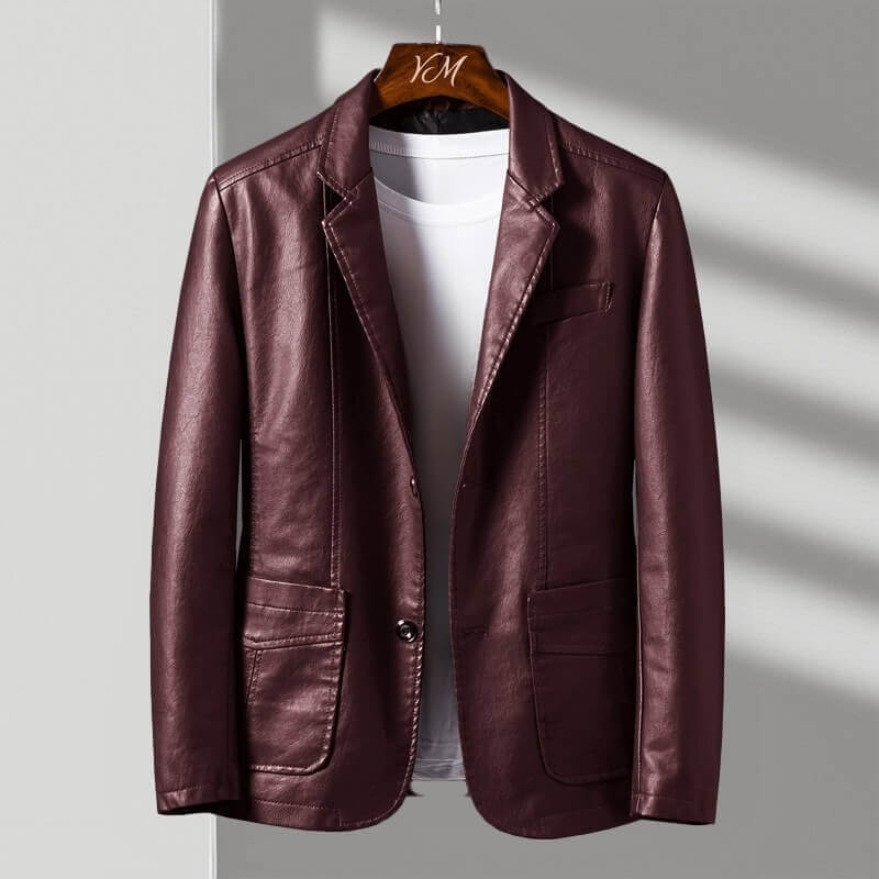 Faux Leather Blazer with Notch Lapels and Two Button Closure