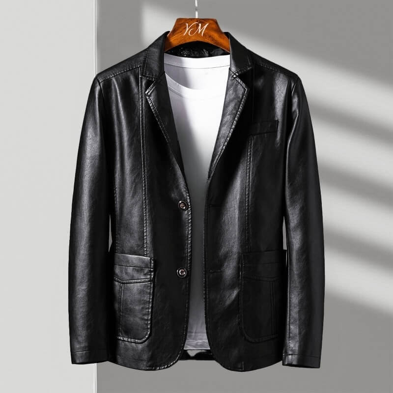 Faux Leather Blazer with Notch Lapels and Two Button Closure