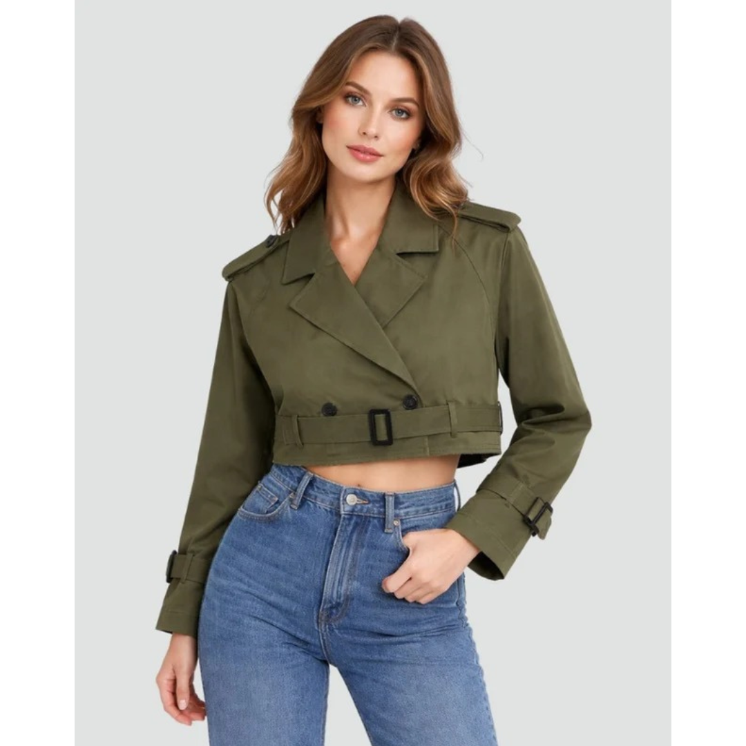 Womens Belted Trench Coat with Double Breasted Closure and Adjustable Waist Tie