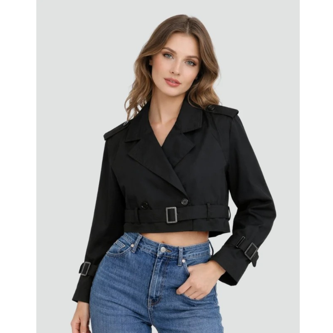 Womens Belted Trench Coat with Double Breasted Closure and Adjustable Waist Tie