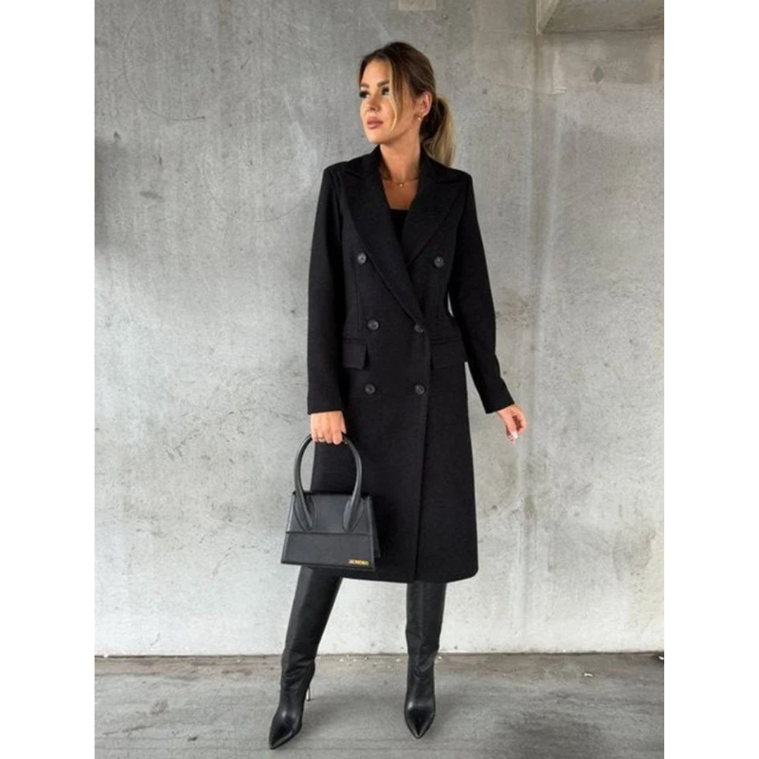Womens Long Trench Coat with Double Breasted Closure and Extended Length Cut