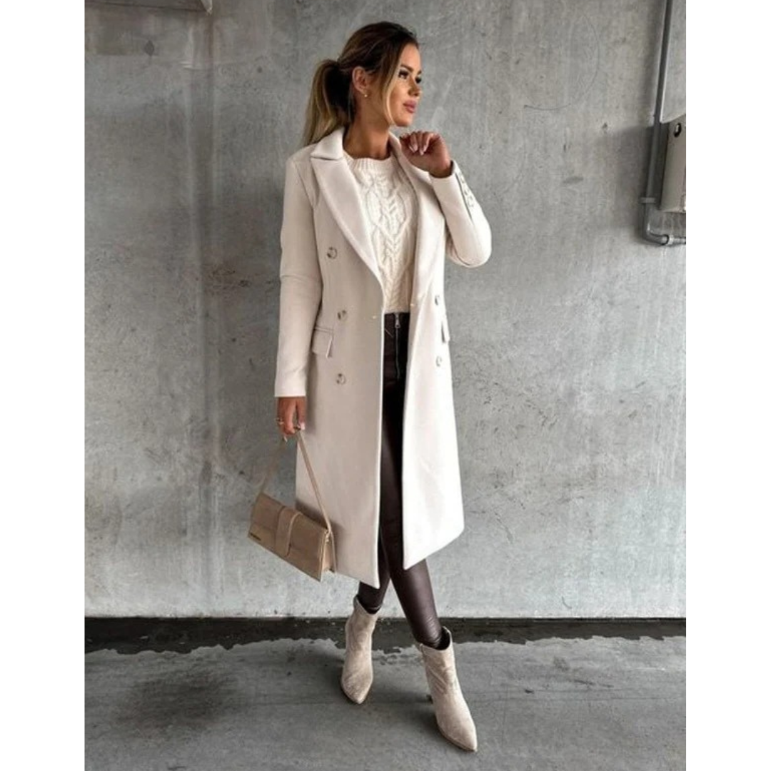 Womens Long Trench Coat with Double Breasted Closure and Extended Length Cut