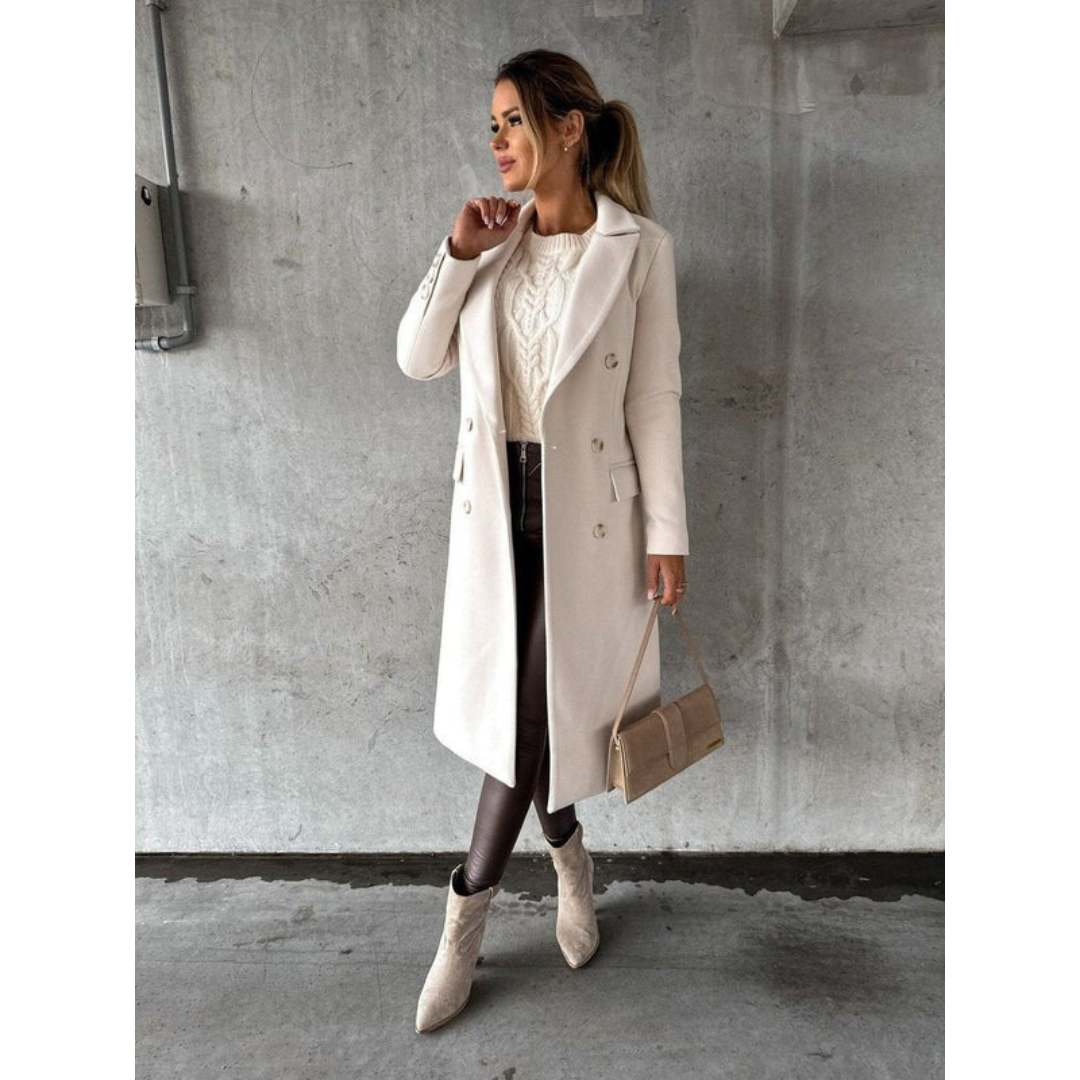Womens Long Trench Coat with Double Breasted Closure and Extended Length Cut