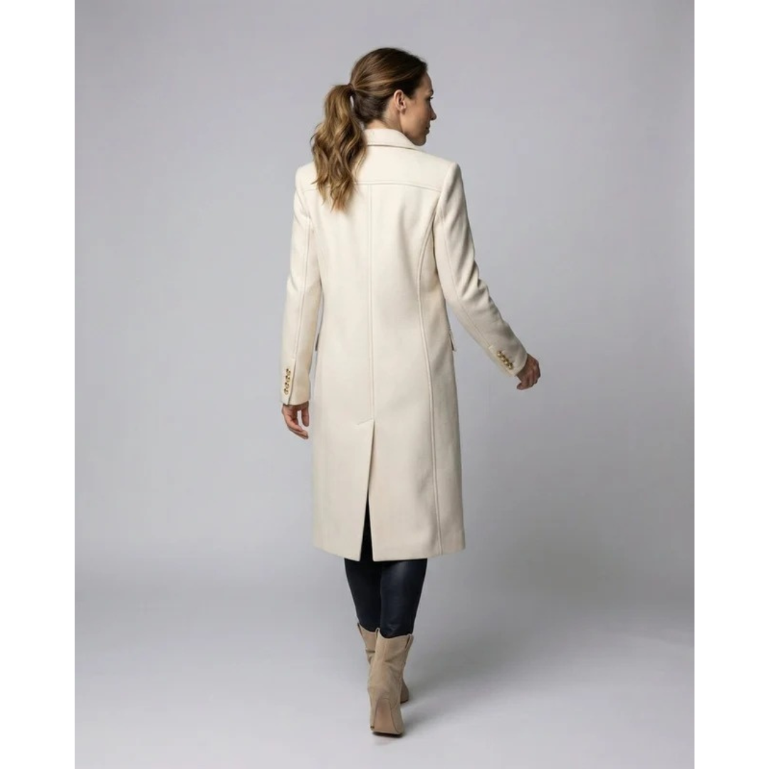 Womens Long Trench Coat with Double Breasted Closure and Extended Length Cut