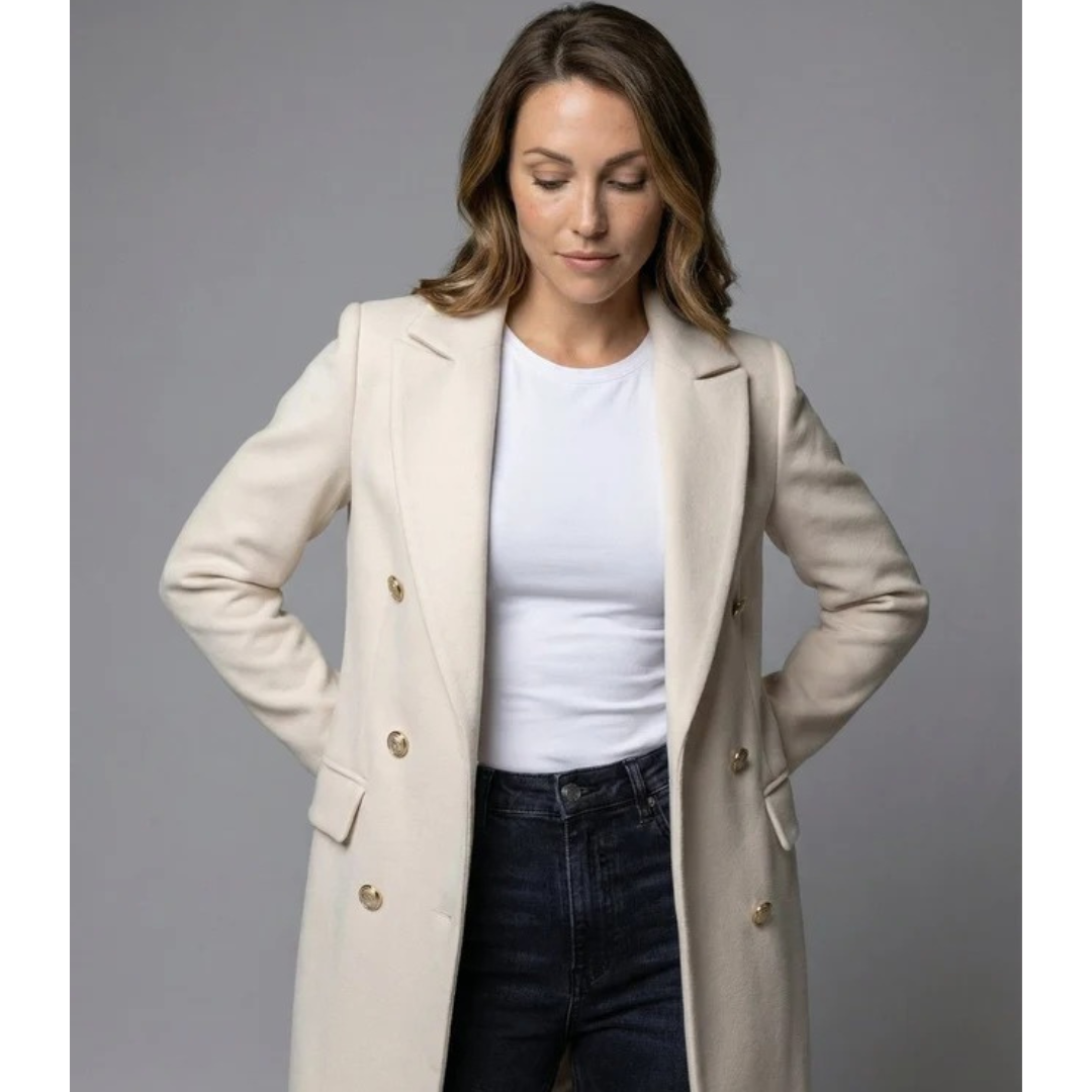 Womens Long Trench Coat with Double Breasted Closure and Extended Length Cut