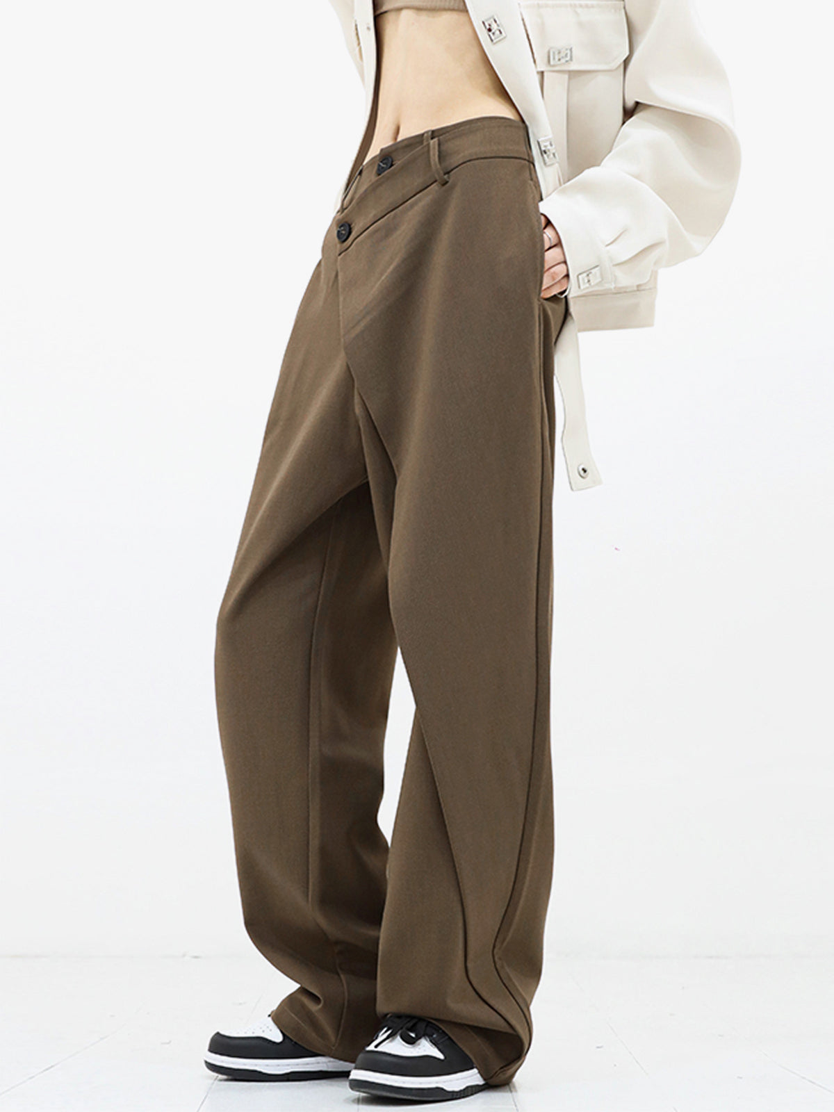 Wide Leg Pants with Asymmetrical Hemline and Shift Fit Design