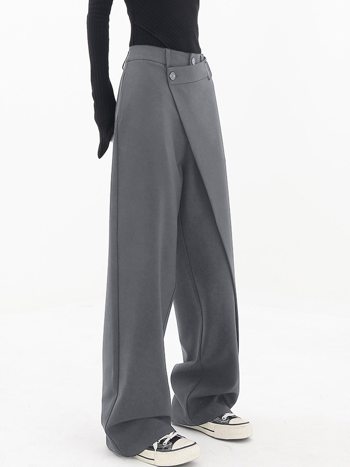 Wide Leg Pants with Asymmetrical Hemline and Shift Fit Design