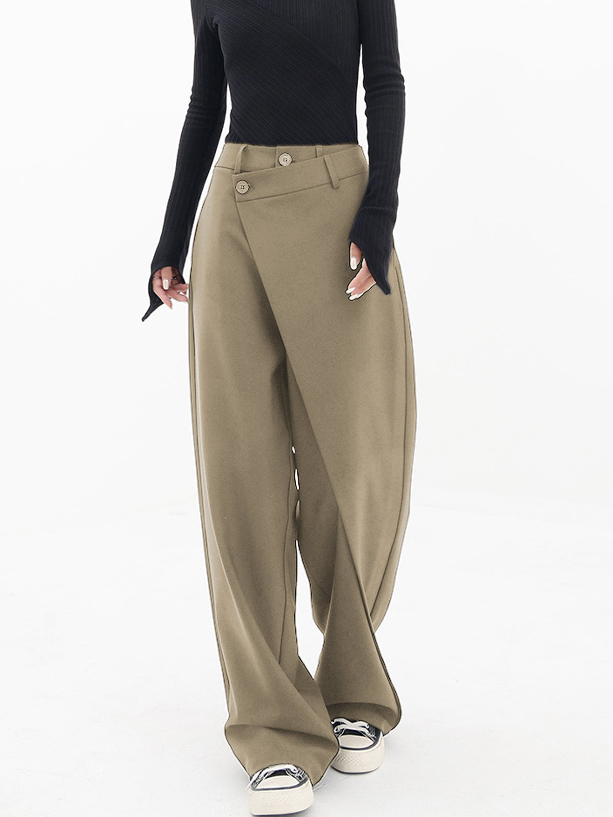 Wide Leg Pants with Asymmetrical Hemline and Shift Fit Design