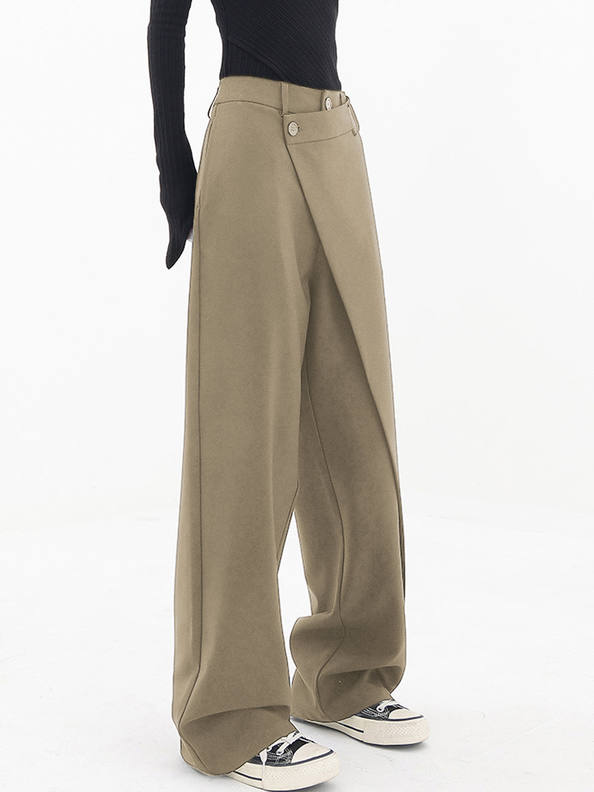 Wide Leg Pants with Asymmetrical Hemline and Shift Fit Design