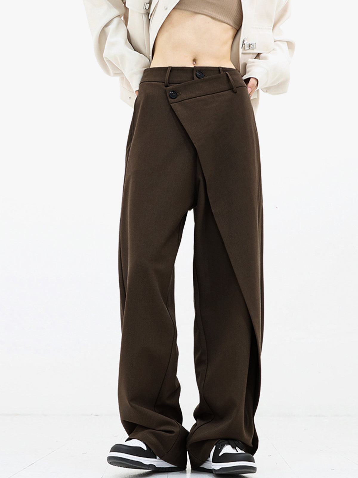 Wide Leg Pants with Asymmetrical Hemline and Shift Fit Design