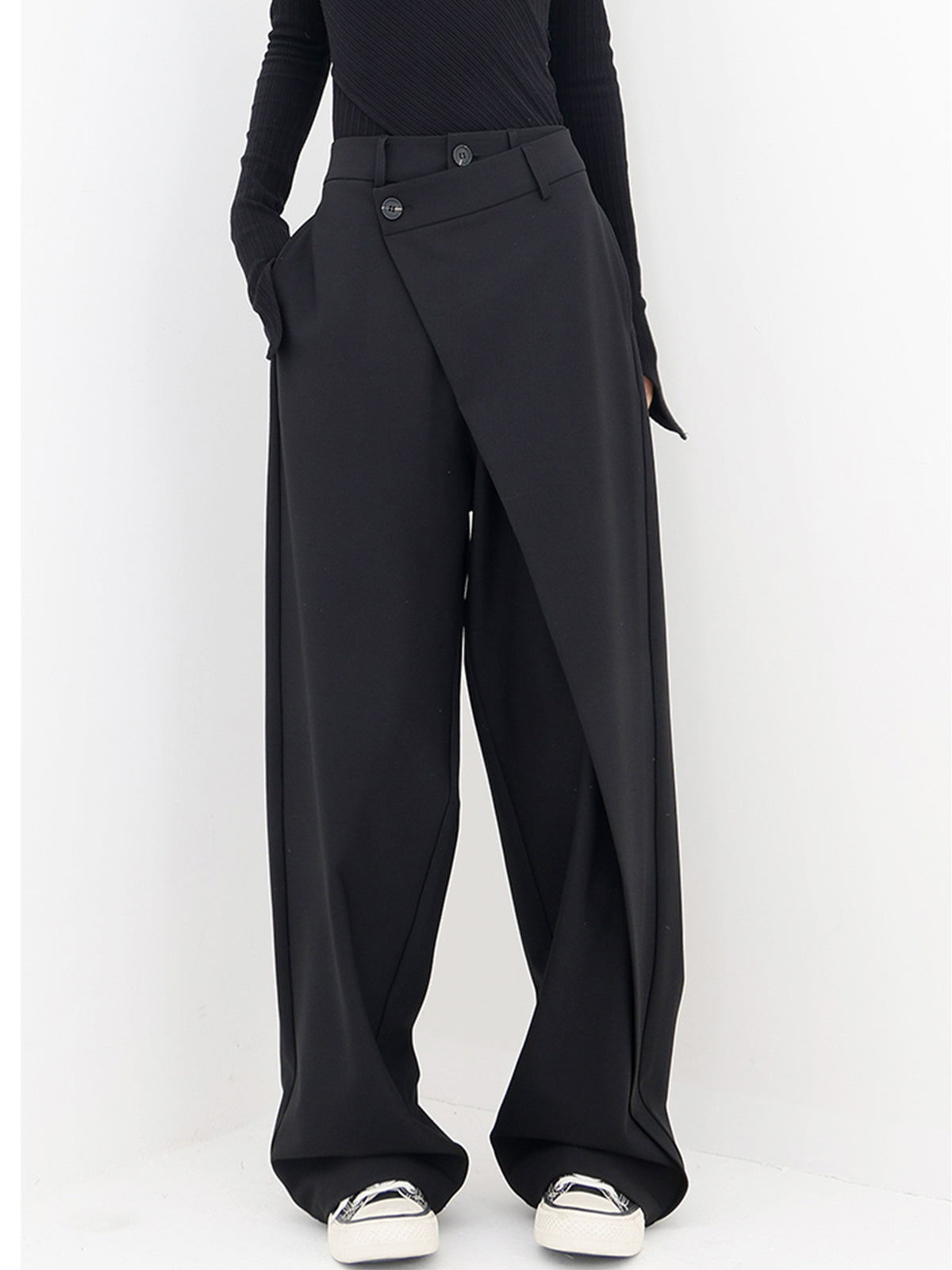 Wide Leg Pants with Asymmetrical Hemline and Shift Fit Design