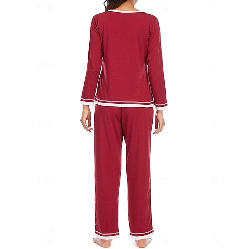 Womens Two Piece Lounge Set with Long Sleeve V Neck Top and Elastic Waist Trousers