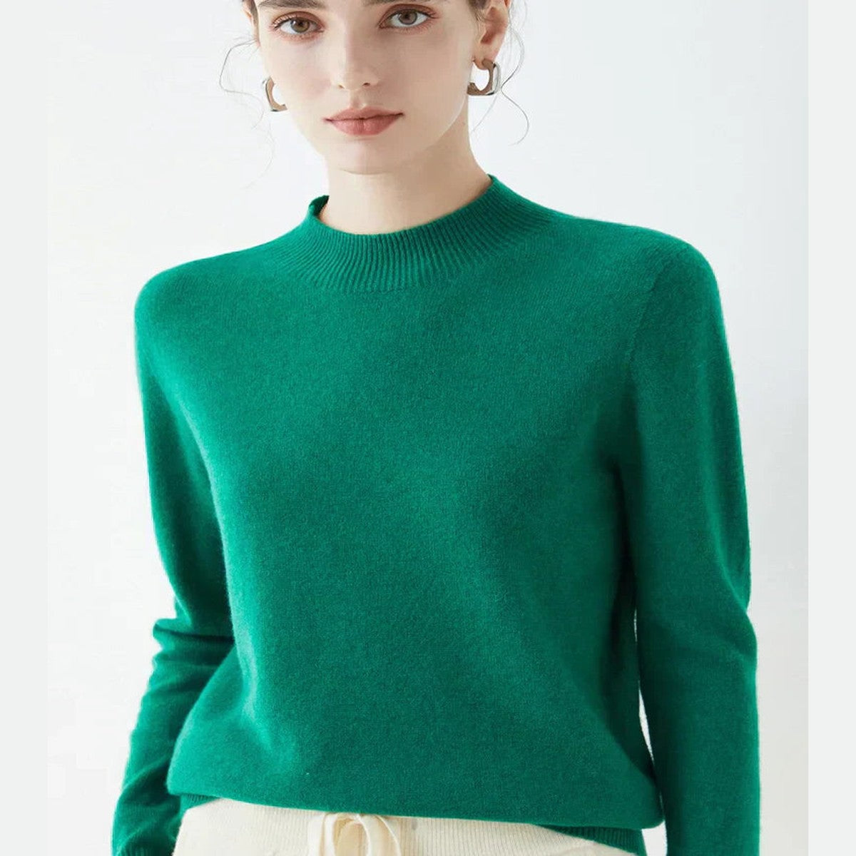 Women Knitted Mock Turtleneck Sweater with Ribbed Hem and Cuffs