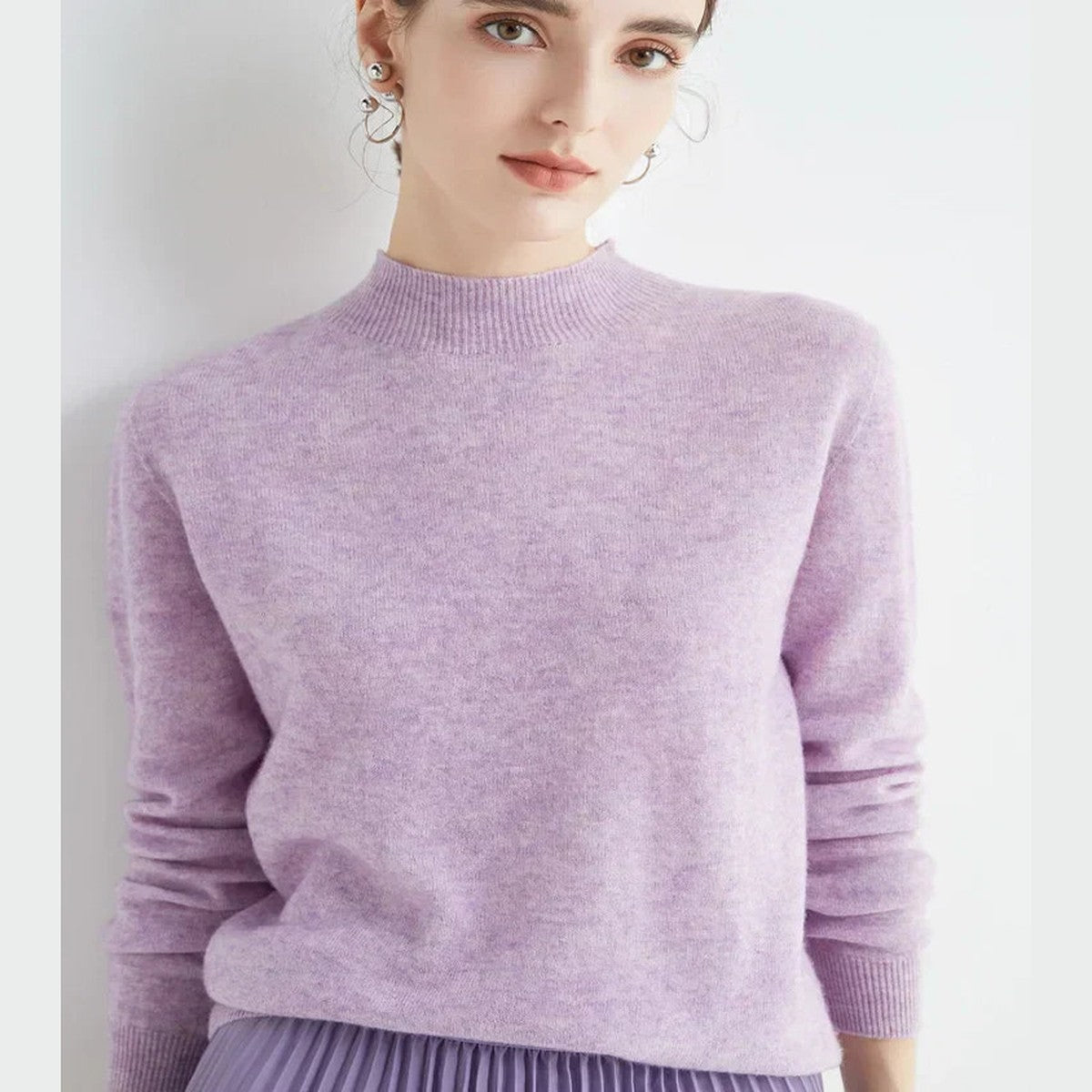 Women Knitted Mock Turtleneck Sweater with Ribbed Hem and Cuffs