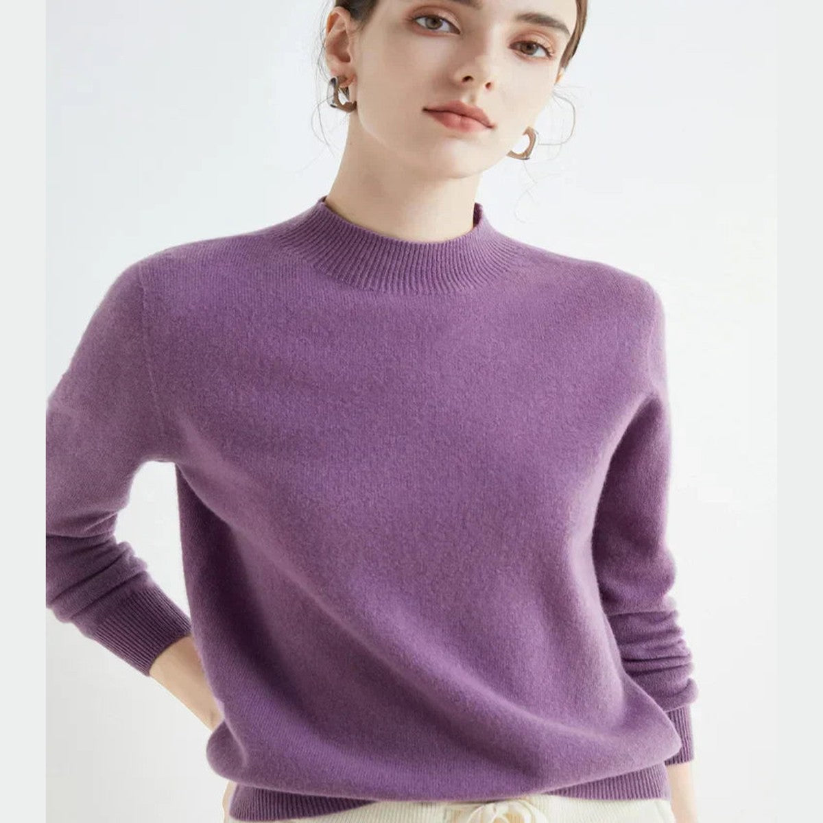 Women Knitted Mock Turtleneck Sweater with Ribbed Hem and Cuffs